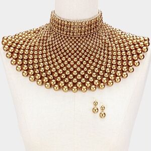 Gold Beaded Statement Collar Necklace with Drop Earrings